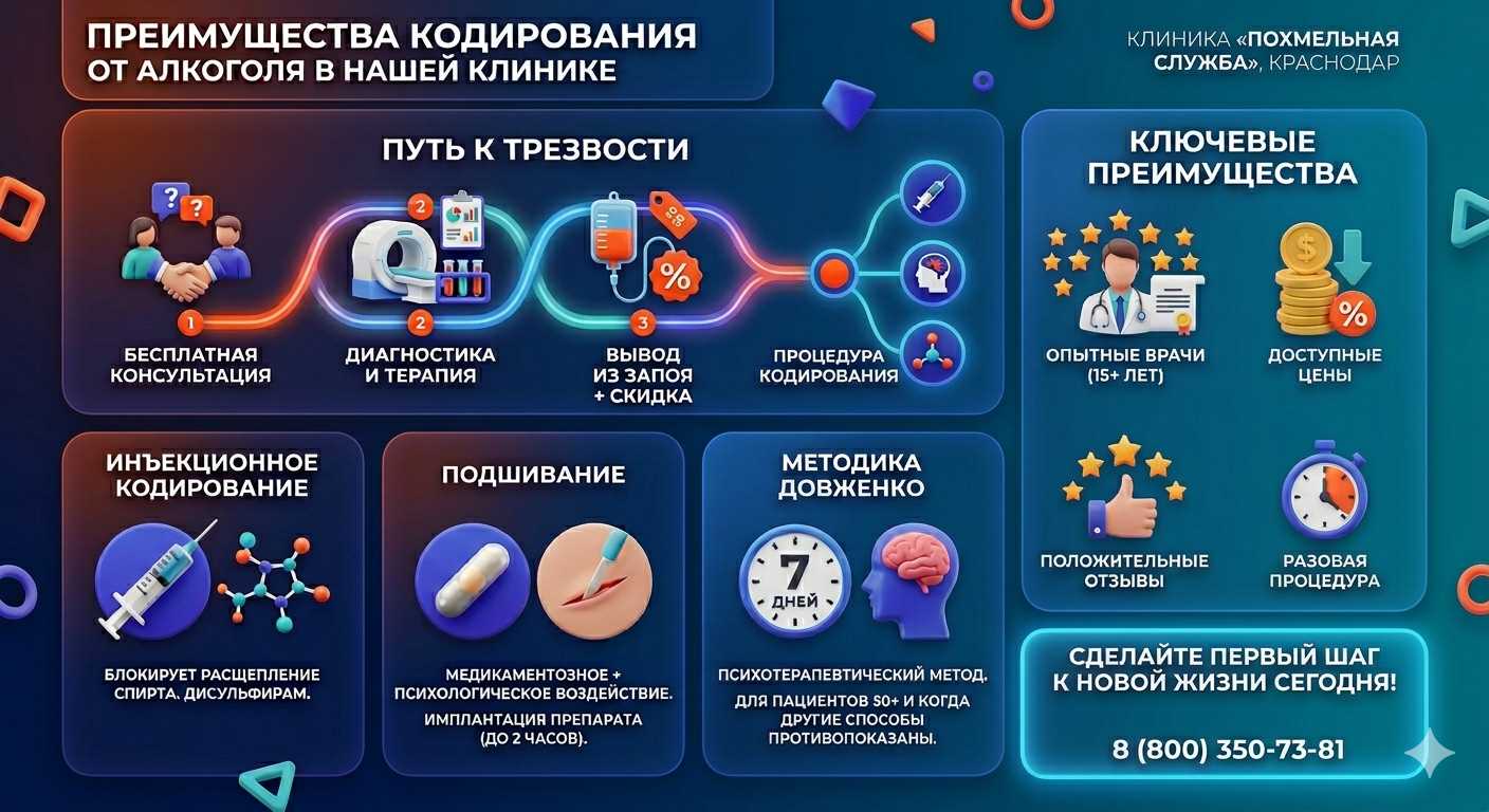 Инфографика о методах кодирования от алкоголя в Белебее: инъекции, подшивание, метод Довженко. Преимущества клиники и этапы лечения.